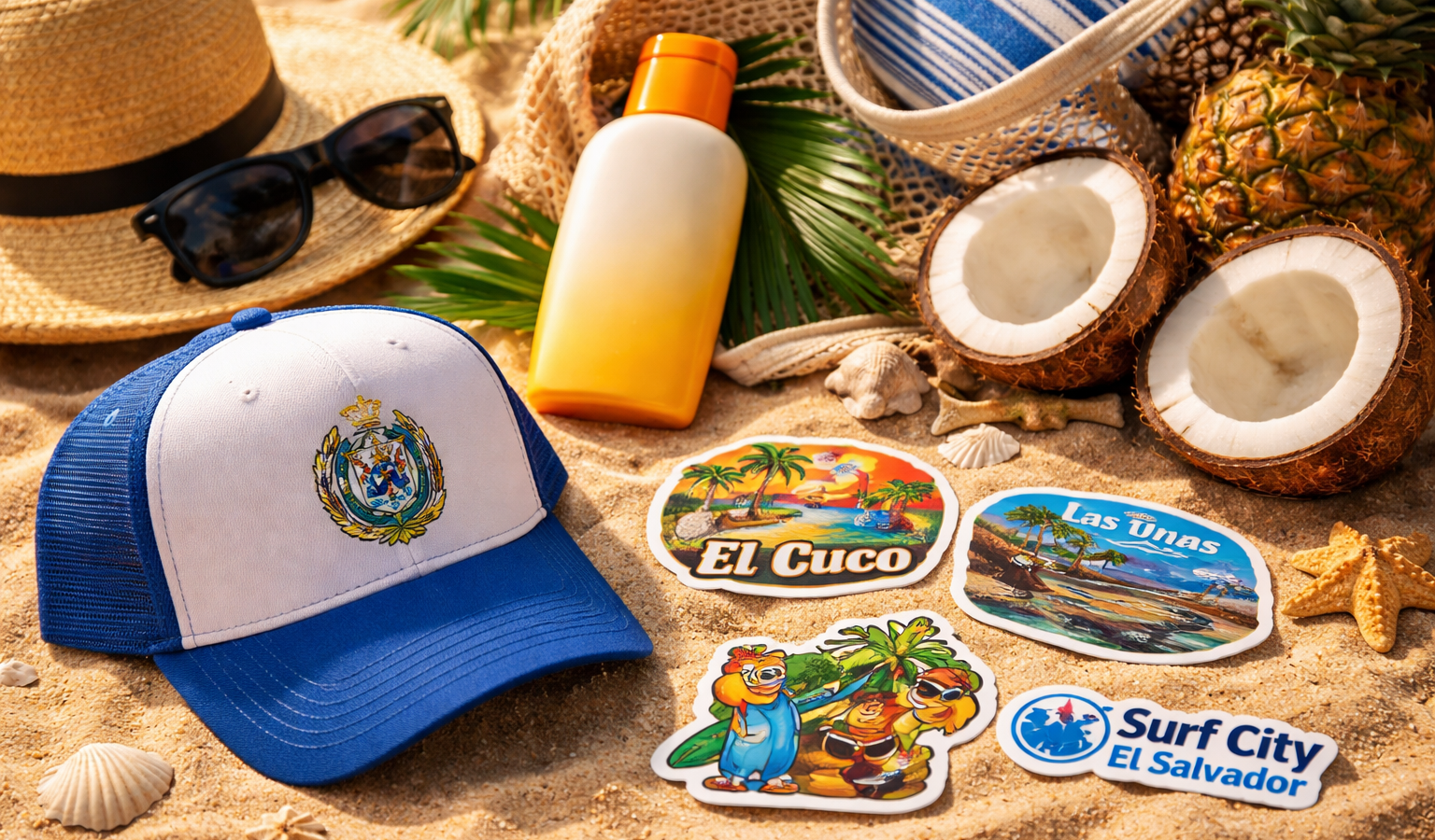 Bloqueador solar, gorra y calcomanías: descubre el kit básico que no puede faltar en la maleta de un salvadoreño para disfrutar de la playa en El Salvador este verano. Foto: Cortesía.