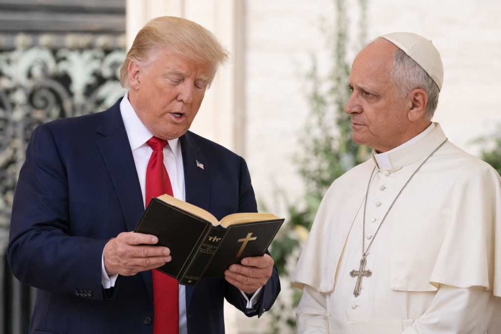 Donald Trump participará en "America Reads the Bible" este 21 de abril desde la Oficina Oval, en medio de roces con el Papa León XIV y polémicas por imágenes de IA que lo muestran como figura mesiánica. Foto: Ilustración.