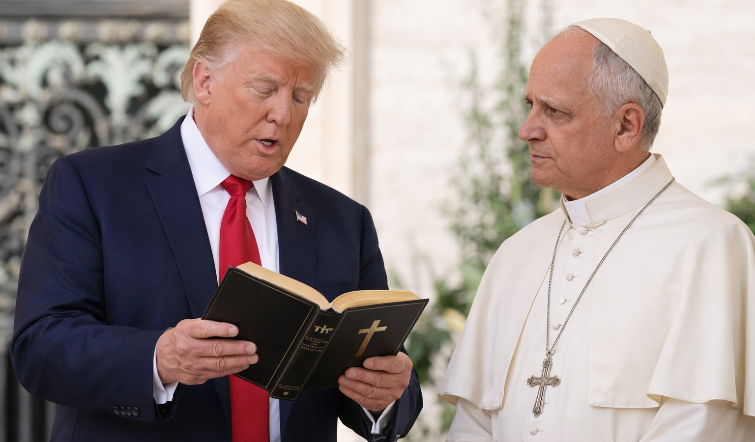 Donald Trump participará en "America Reads the Bible" este 21 de abril desde la Oficina Oval, en medio de roces con el Papa León XIV y polémicas por imágenes de IA que lo muestran como figura mesiánica. Foto: Ilustración.