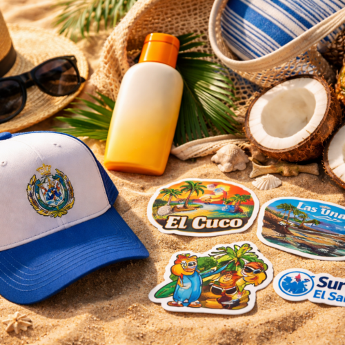 Bloqueador solar, gorra y calcomanías: descubre el kit básico que no puede faltar en la maleta de un salvadoreño para disfrutar de la playa en El Salvador este verano. Foto: Cortesía.