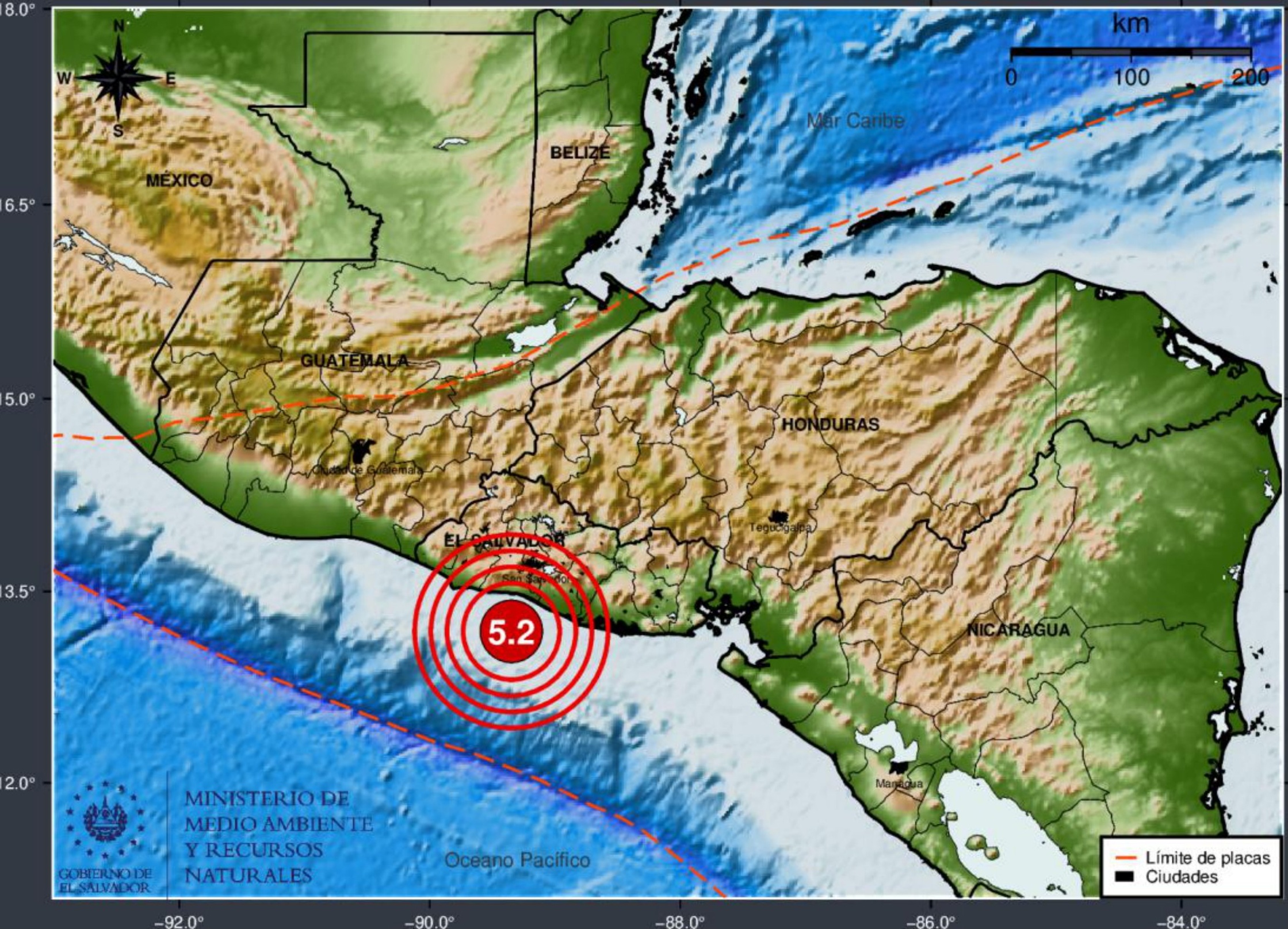 Un sismo de magnitud 5.2 se registró a las 08:09 a. m. frente a la costa de #LaLibertad. No se reportan daños materiales ni víctimas inicialmente, pero se monitorea la zona. Foto: MARN.