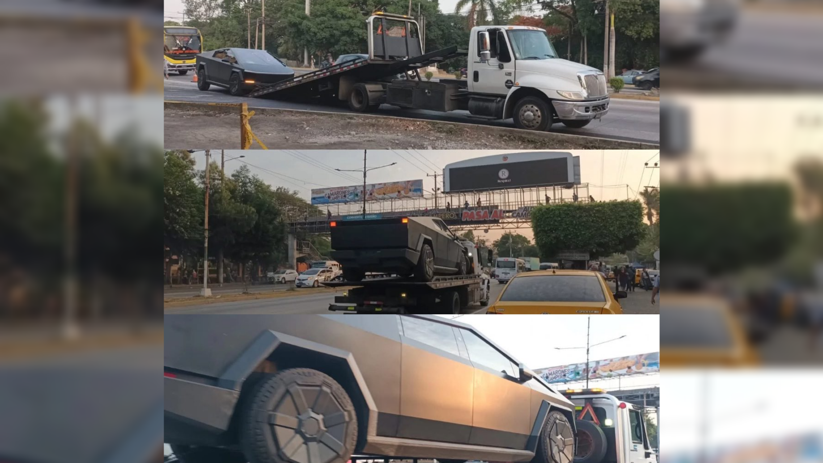 El futurista Tesla Cybertruck sufrió una falla mecánica en plena vía de San Salvador y tuvo que ser retirado por una grúa municipal frente a la Basílica de Guadalupe. El incidente reavivó el debate sobre la infraestructura para vehículos eléctricos. Foto: Cortesía.