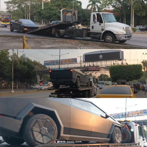 El futurista Tesla Cybertruck sufrió una falla mecánica en plena vía de San Salvador y tuvo que ser retirado por una grúa municipal frente a la Basílica de Guadalupe. El incidente reavivó el debate sobre la infraestructura para vehículos eléctricos. Foto: Cortesía.