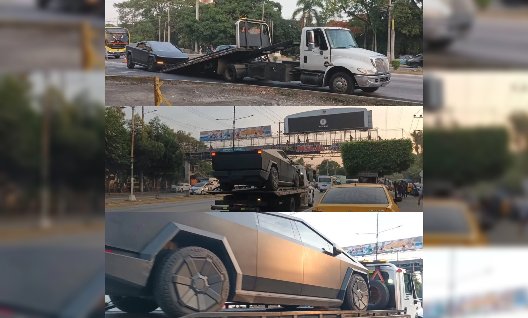 El futurista Tesla Cybertruck sufrió una falla mecánica en plena vía de San Salvador y tuvo que ser retirado por una grúa municipal frente a la Basílica de Guadalupe. El incidente reavivó el debate sobre la infraestructura para vehículos eléctricos. Foto: Cortesía.