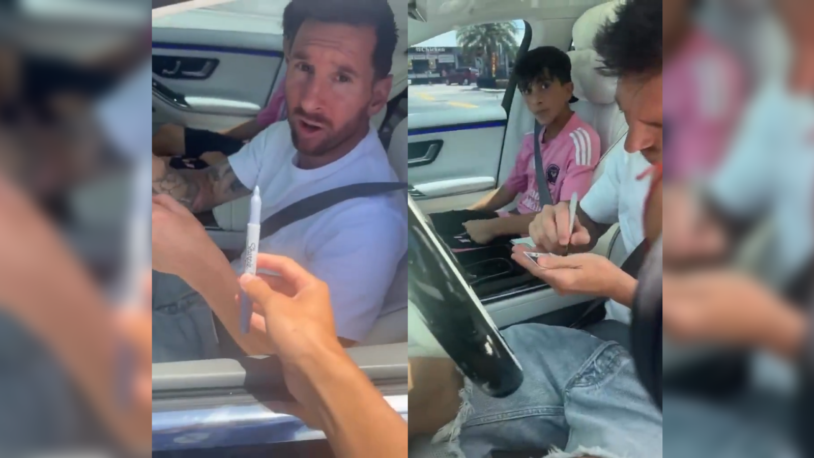 Al fanático se le arruinó su bolígrafo en pleno tráfico de Miami y el astro argentino Messi resolvió la situación usando un marcador de su propio automóvil para firmar el autógrafo. Foto: Cortesía.