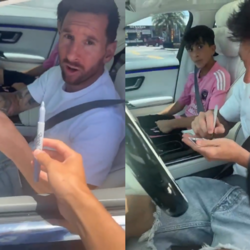 Al fanático se le arruinó su bolígrafo en pleno tráfico de Miami y el astro argentino Messi resolvió la situación usando un marcador de su propio automóvil para firmar el autógrafo. Foto: Cortesía.