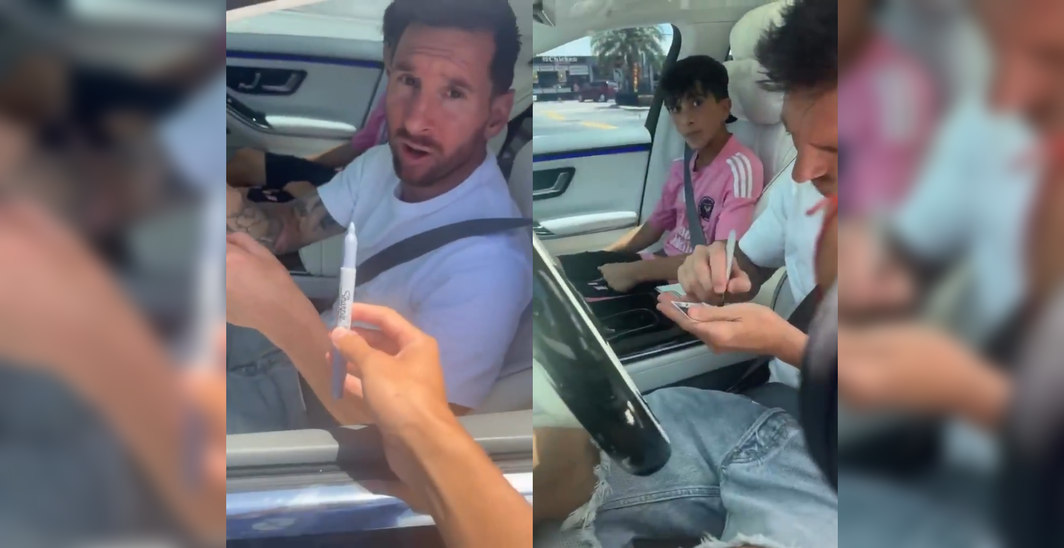 Al fanático se le arruinó su bolígrafo en pleno tráfico de Miami y el astro argentino Messi resolvió la situación usando un marcador de su propio automóvil para firmar el autógrafo. Foto: Cortesía.