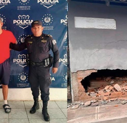Jorge Alberto Bolaños fue capturado por la PNC tras resultar con 284 grados de alcohol en el alcotest en la colonia 4 de Octubre. El imputado destruyó la pared de una vivienda. Foto: PNC.