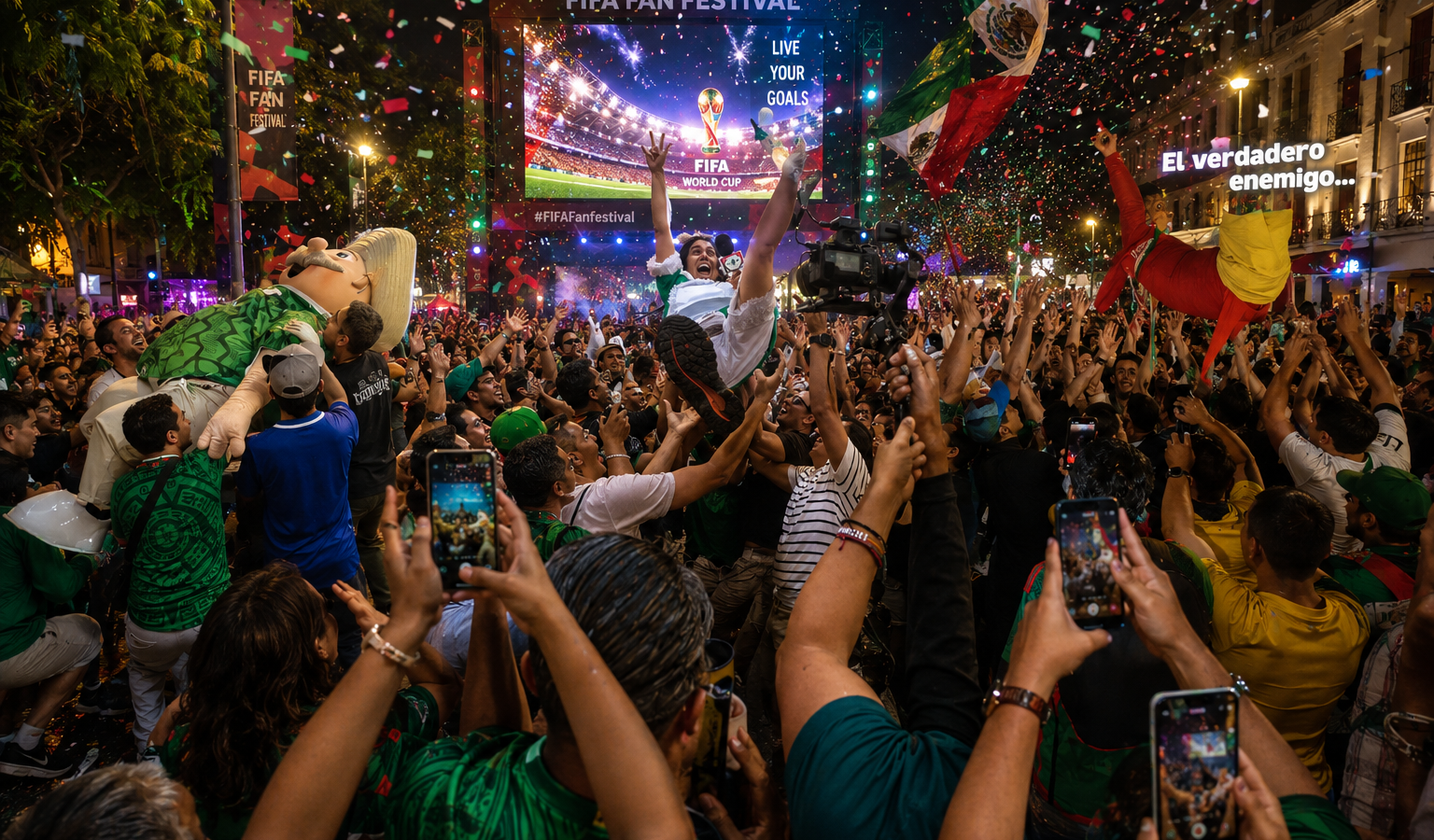 Disfraces icónicos, caídas virales y el festejo masivo en el FIFA Fan Festival marcan el pulso de la afición en el Mundial 2026. Las vibras mundialistas invaden Guadalajara. Foto: Captura de pantalla - Ilustración.