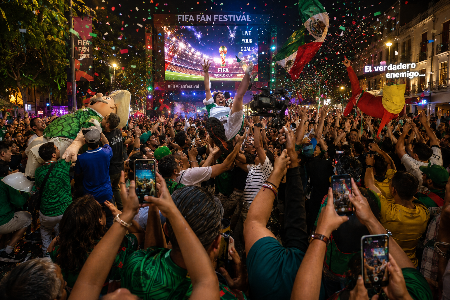 Disfraces icónicos, caídas virales y el festejo masivo en el FIFA Fan Festival marcan el pulso de la afición en el Mundial 2026. Las vibras mundialistas invaden Guadalajara. Foto: Captura de pantalla - Ilustración.