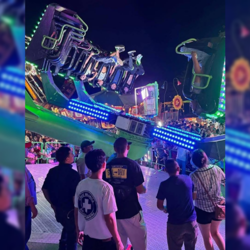 Varias personas quedaron suspendidas boca abajo tras un desperfecto en el campo de la feria de Acajutla, en Sonsonate Oeste. Cuerpos de socorro atendieron la emergencia en las diversiones. Foto: Cortesía.