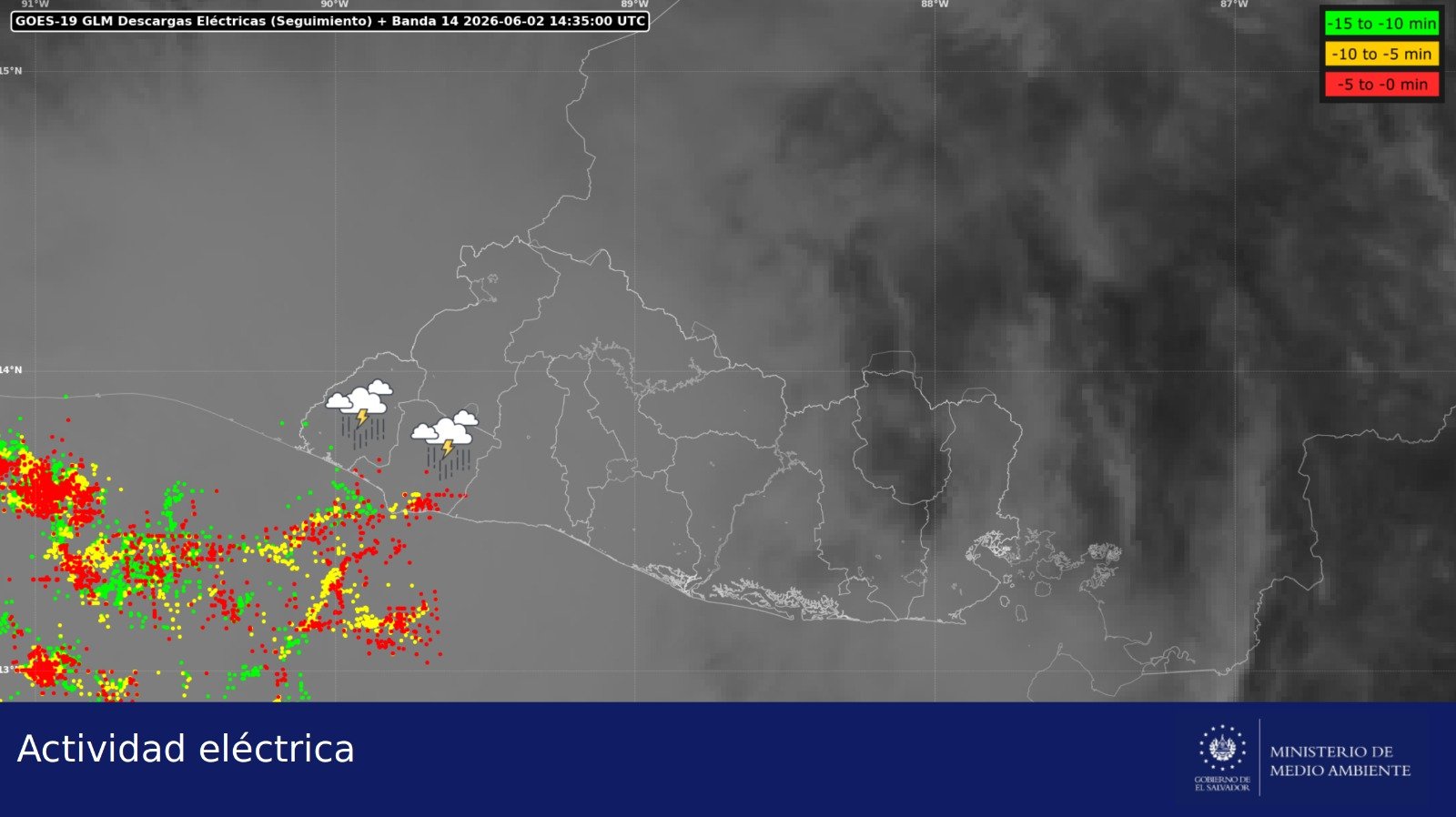 El MARN reporta cielos nublados y fuerte actividad eléctrica en el occidente, tras registrar acumulados de agua de hasta 66.8 milímetros en Santa Ana y Chalatenango. Foto: MARN.