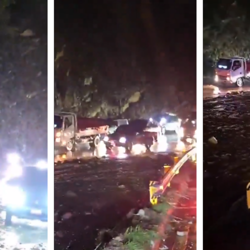 Un desprendimiento de rocas en el km 35 de la Ruta al Atlántico (CA-9 Norte), en San Antonio La Paz, El Progreso, obstruye parcialmente la vía. Provial y Bomberos trabajan en el retiro del material. Foto: Cortesía / Provial.