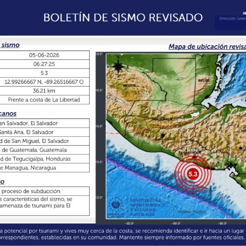 El Ministerio de Medio Ambiente confirmó que el sismo ocurrió a las 6:27 a.m. y descartó de forma oficial la amenaza de tsunami para el país. El temblor se localizó frente a la costa de La Libertad. Foto: MARN.