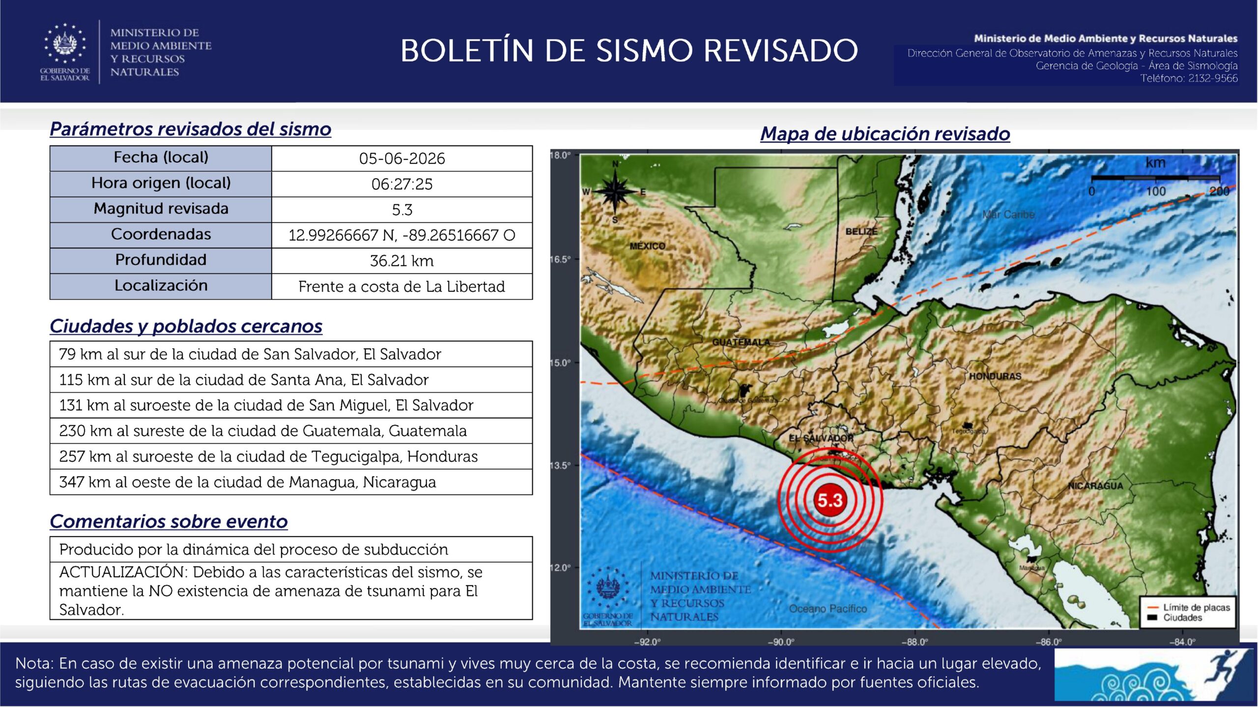 El Ministerio de Medio Ambiente confirmó que el sismo ocurrió a las 6:27 a.m. y descartó de forma oficial la amenaza de tsunami para el país. El temblor se localizó frente a la costa de La Libertad. Foto: MARN.