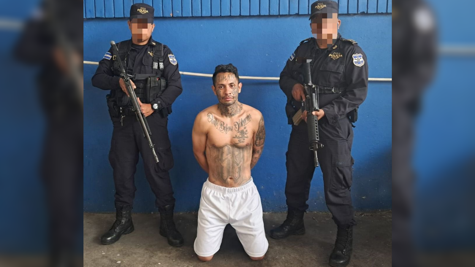 Nidelson Gerardo Palacios, alias "El Grifo", pandillero de la Poserz 13, fue interceptado en un operativo coordinado entre El Salvador y Guatemala en la frontera. El sujeto había sido deportado de EE. UU. Foto: PNCSV.
