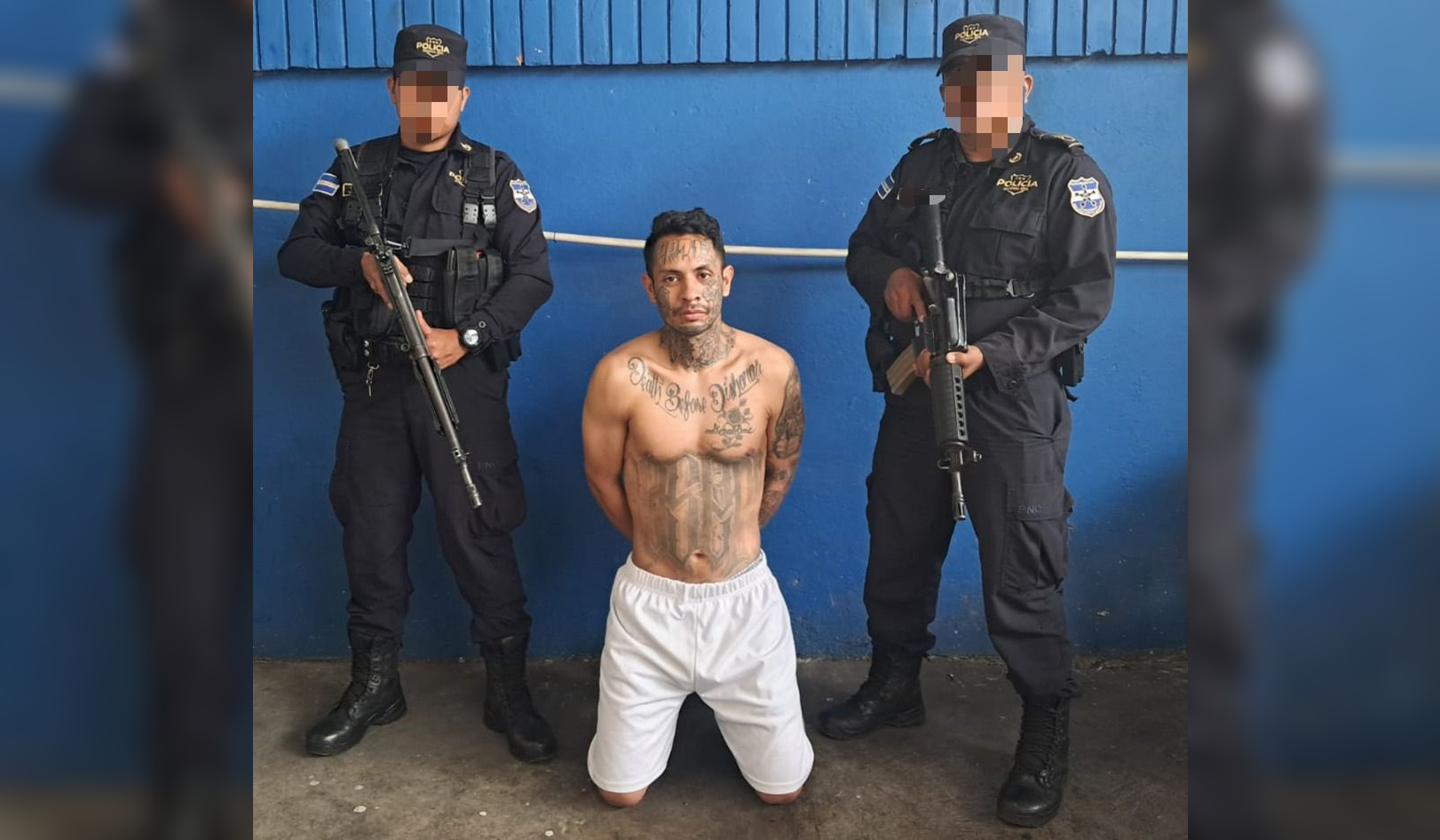 Nidelson Gerardo Palacios, alias "El Grifo", pandillero de la Poserz 13, fue interceptado en un operativo coordinado entre El Salvador y Guatemala en la frontera. El sujeto había sido deportado de EE. UU. Foto: PNCSV.