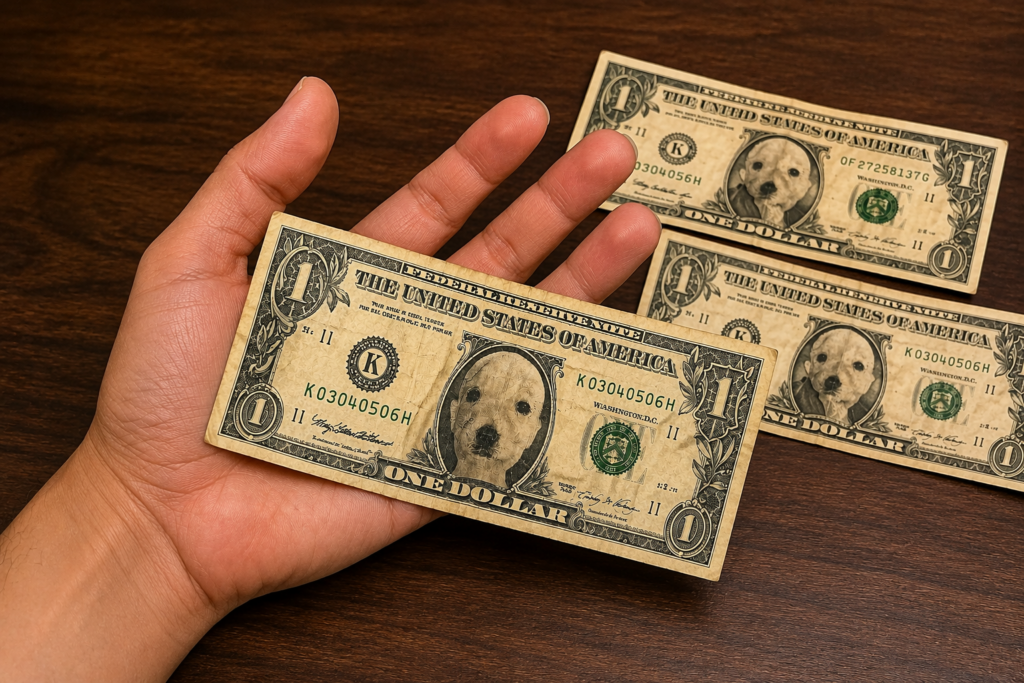 Una vendedora salvadoreña alertó en redes sociales tras descubrir que recibió un "perri dólar" con la cara de un personaje animado como pago. Foto: Ilustración