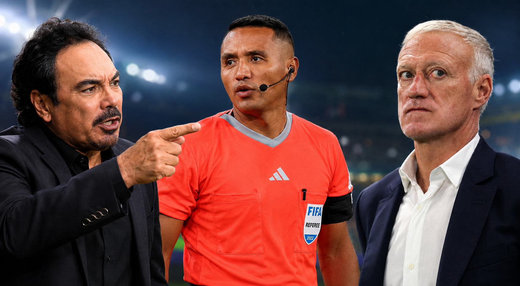 El histórico exfutbolista Hugo Sánchez estalló en televisión contra el técnico Didier Deschamps por menospreciar el trabajo del árbitro salvadoreño Iván Barton. Una defensa épica. Foto: Ilustración