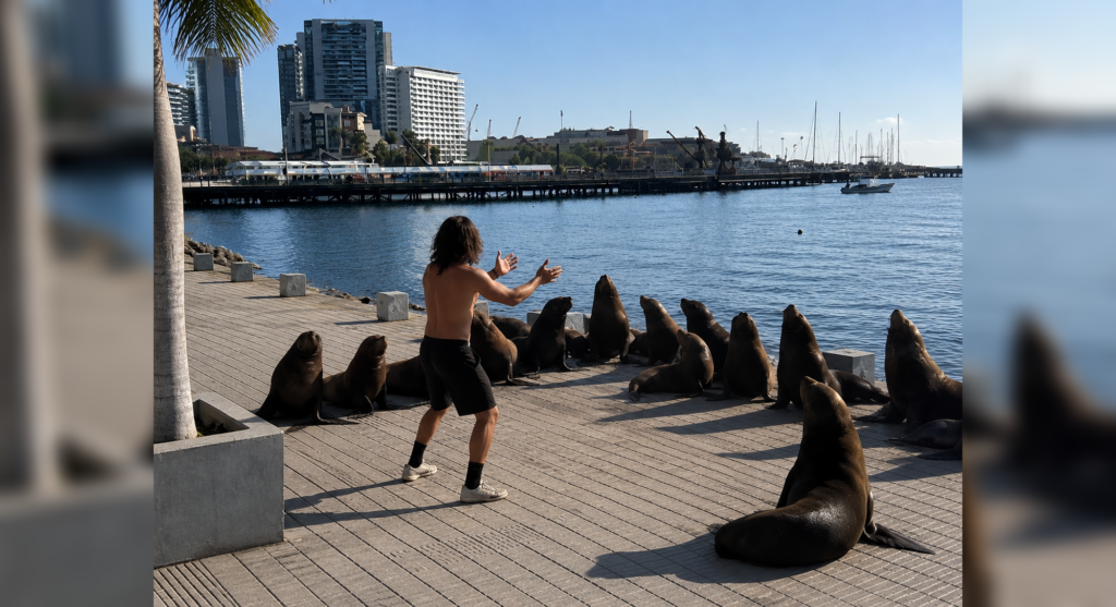 Un hombre sin camiseta, apodado "Aquaman", logró guiar a una manada de lobos marinos de regreso al mar en Antofagasta, Chile, usando solo aplausos y señas. El video se volvió viral. Foto: Ilustración.