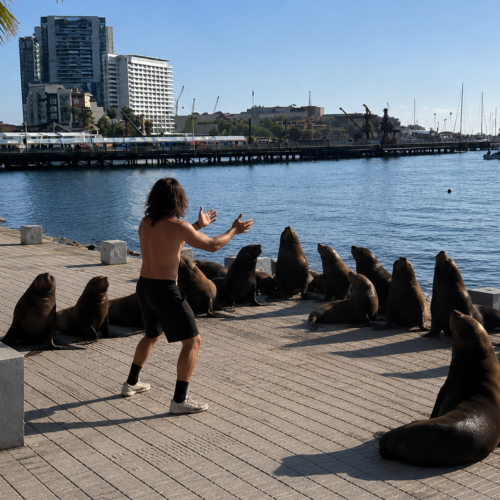 Un hombre sin camiseta, apodado "Aquaman", logró guiar a una manada de lobos marinos de regreso al mar en Antofagasta, Chile, usando solo aplausos y señas. El video se volvió viral. Foto: Ilustración.