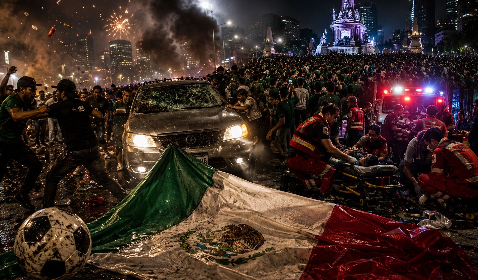 El Mundial en México ha dejado incidentes trágicos: atropellamientos, muertes por aglomeraciones y agresiones entre aficionados ponen en jaque la seguridad en las celebraciones. Foto: Ilustración.