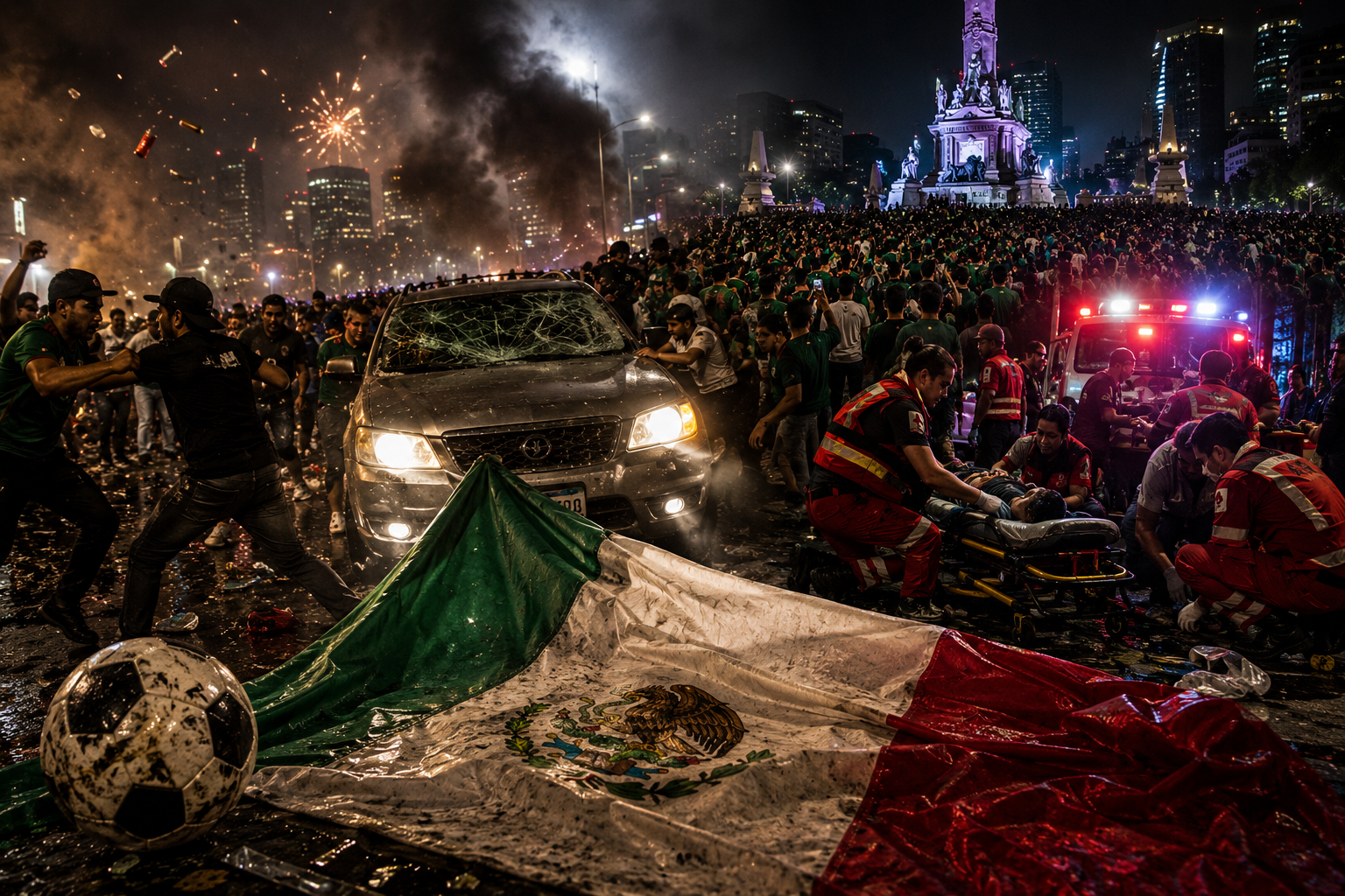 El Mundial en México ha dejado incidentes trágicos: atropellamientos, muertes por aglomeraciones y agresiones entre aficionados ponen en jaque la seguridad en las celebraciones. Foto: Ilustración.