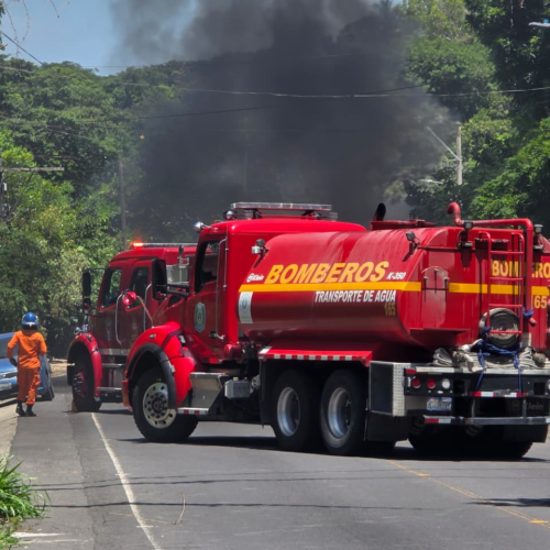 Un camión distribuidor de cilindros de gas propano se incendió sobre la carretera antigua a Zacatecoluca en Santo Tomás. Bomberos sofocaron el fuego sin reportar lesionados. Foto: Bomberos