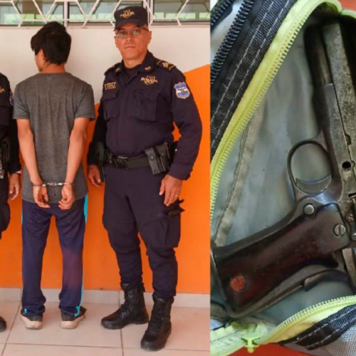 Un adolescente de 15 años hirió a un compañero dentro de una escuela en Santa Ana Centro; la víctima está fuera de peligro. La PNC capturó al menor y decomisó el arma. Foto: @PNC_SV