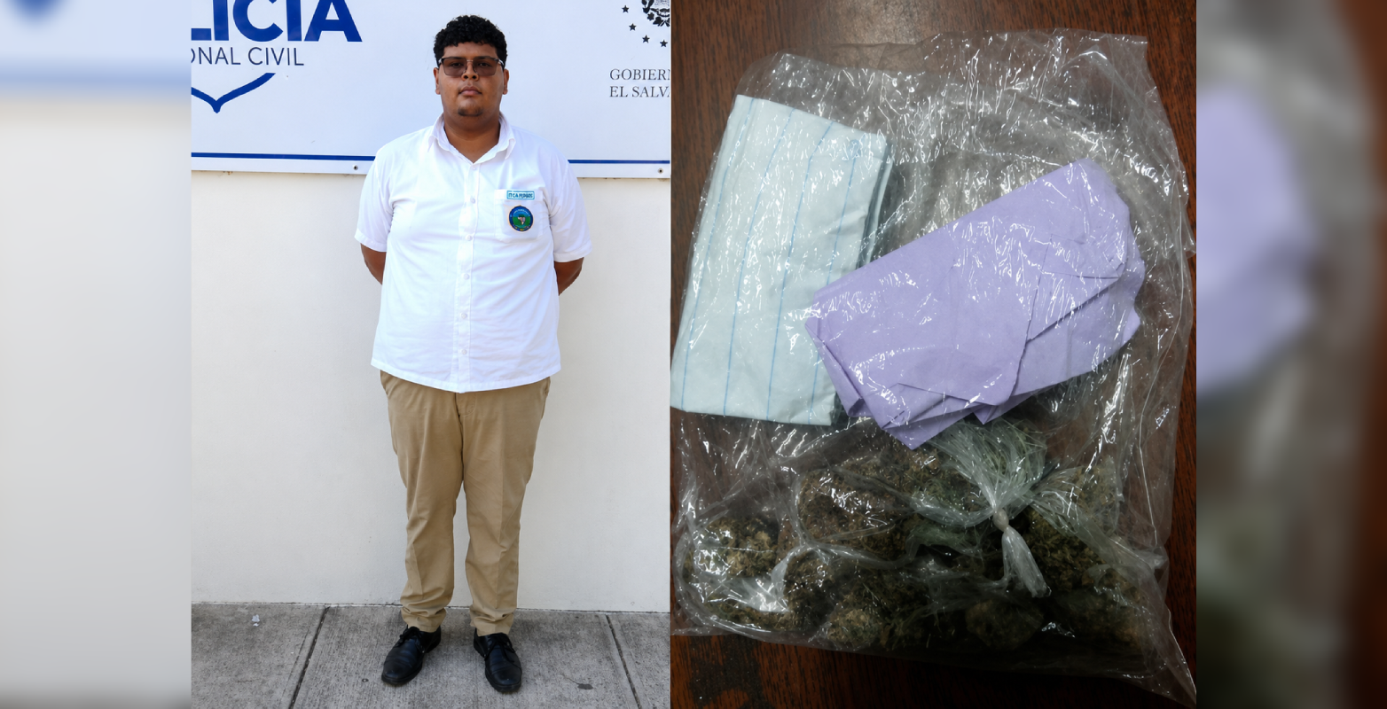El estudiante de 18 años fue interceptado con siete porciones de marihuana antes de ingresar a la institución educativa en Zacatecoluca. La PNC realizó la detención. Foto: @PNCSV.