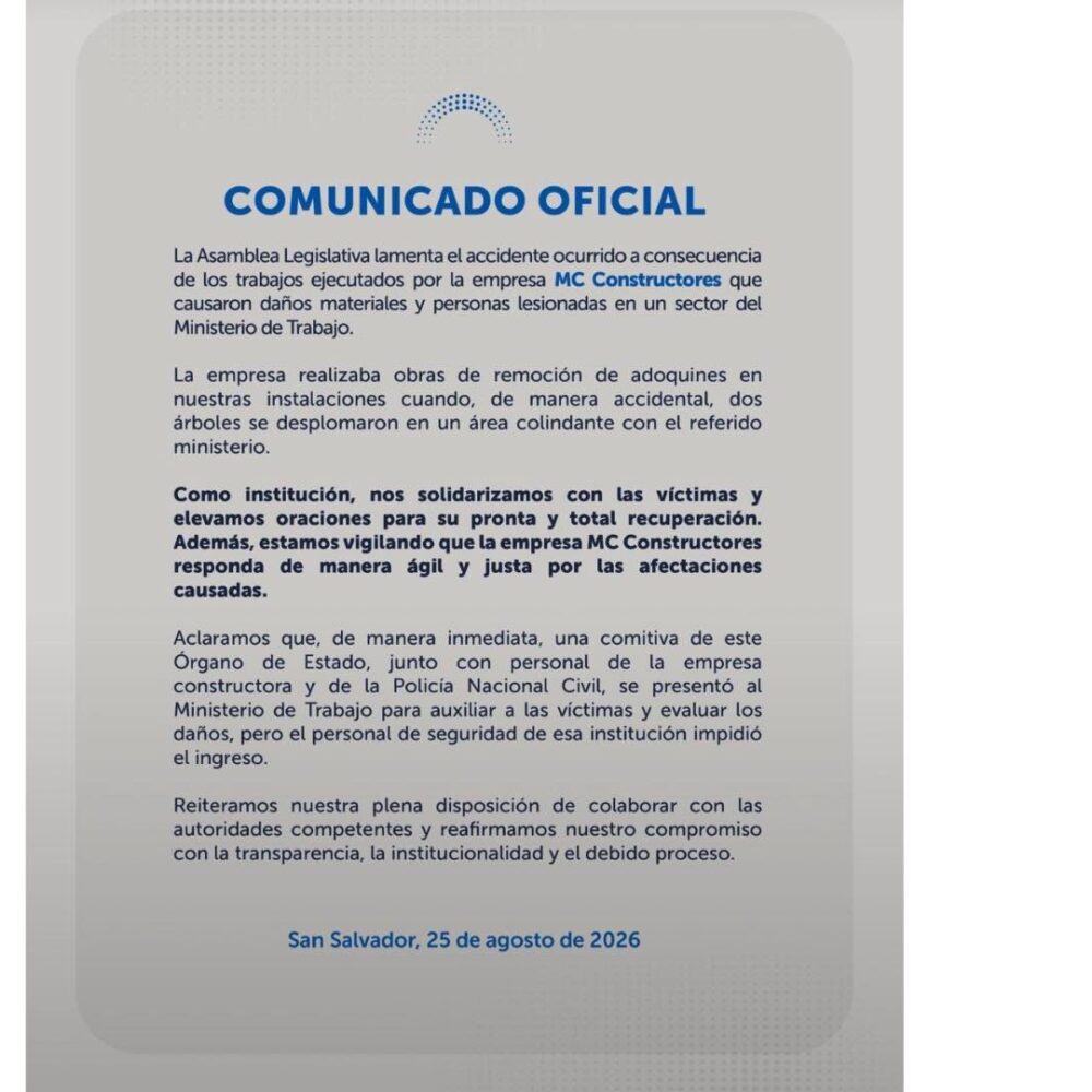 Comunicado oficial de la Asamblea Legislativa emitido este 25 de agosto de 2026.