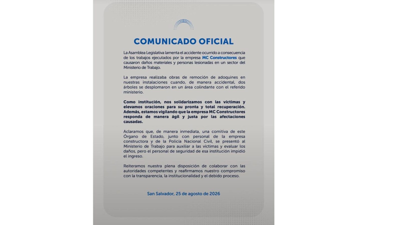 Comunicado oficial de la Asamblea Legislativa emitido este 25 de agosto de 2026.