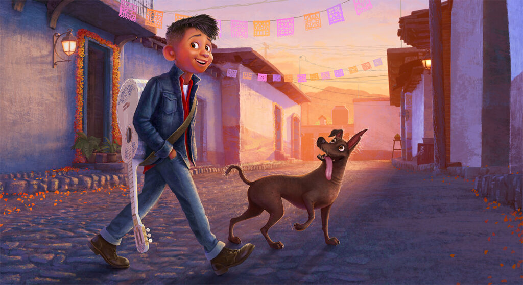 Disney y Pixar confirmaron el desarrollo de Coco 2 de Pixar para 2029, presentando el primer arte conceptual de Miguel adolescente junto a su perro Dante. Foto: Pixar.