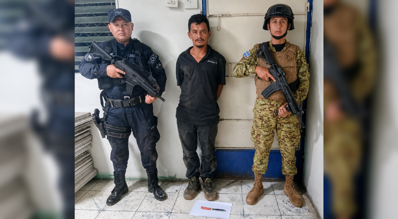 La PNC capturó a Miguel Ángel Cortez García, de 37 años, por intento de homicidio tras atacar con un cuchillo a otra persona en el barrio San Marcos, Chiltiupán. Foto: @PNSVC