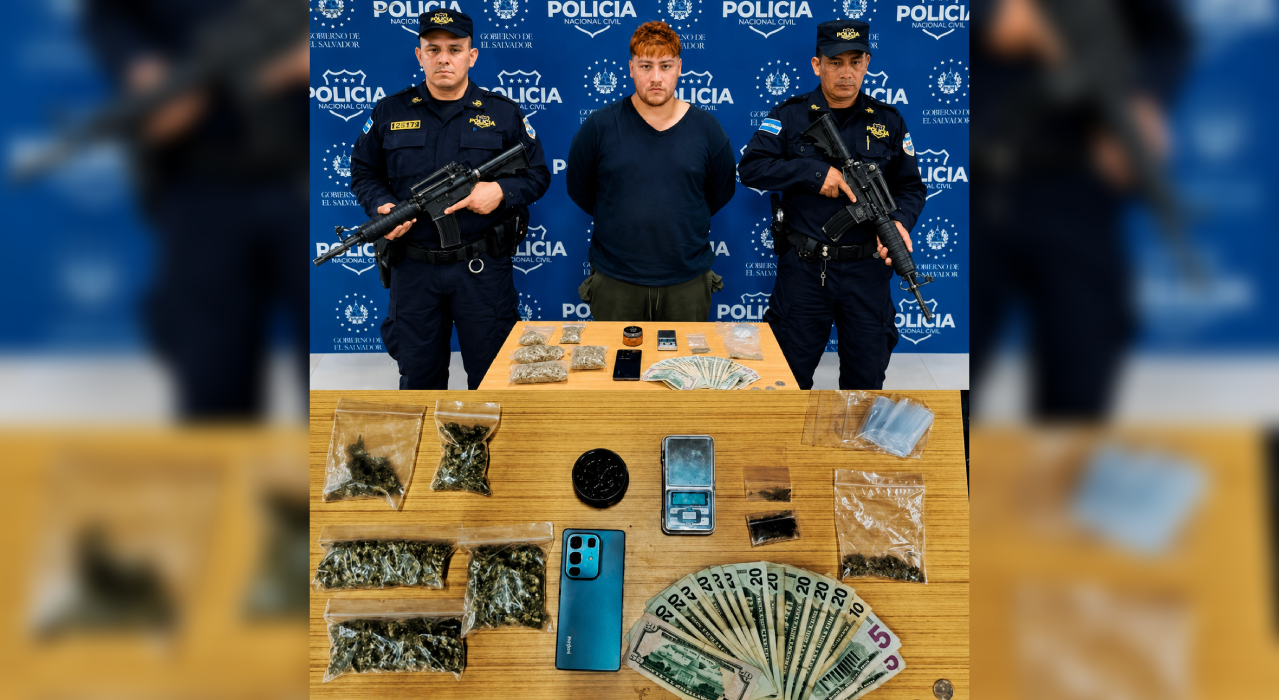 La PNC capturó a Nelson David Ramírez Iribarren (25 años) por tráfico de marihuana en San Mateo, San Salvador. Incautaron droga, balanza y dinero. Foto: @PNCSV.