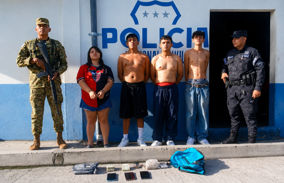 La PNC y la Fuerza Armada interceptaron un vehículo con marihuana, dinero y báscula en el departamento de La Paz. Cuatro personas, incluyendo un menor, fueron detenidas. Foto: @PNCSV.