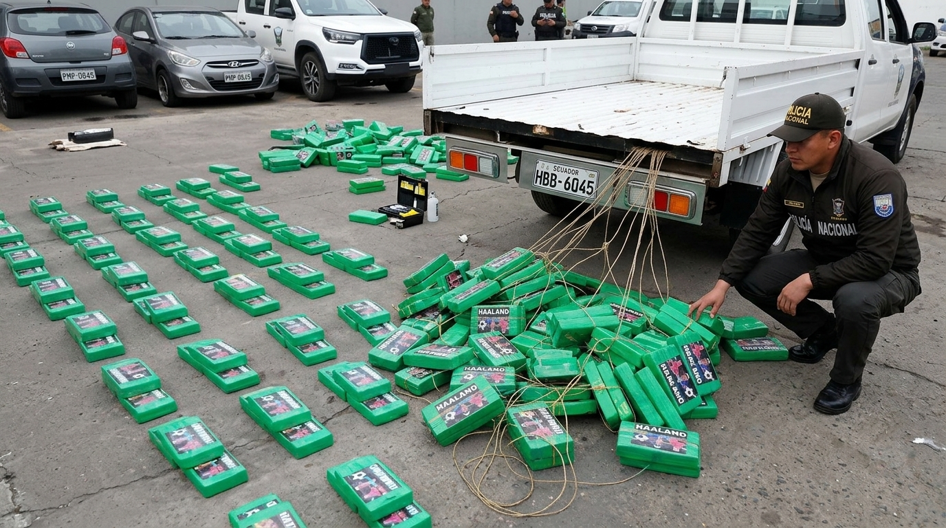 Agentes de la Policía Nacional de Ecuador inspeccionan los bloques decomisados de cocaína con la imagen de Erling Haaland en Carchi. Foto: Captura de pantalla.