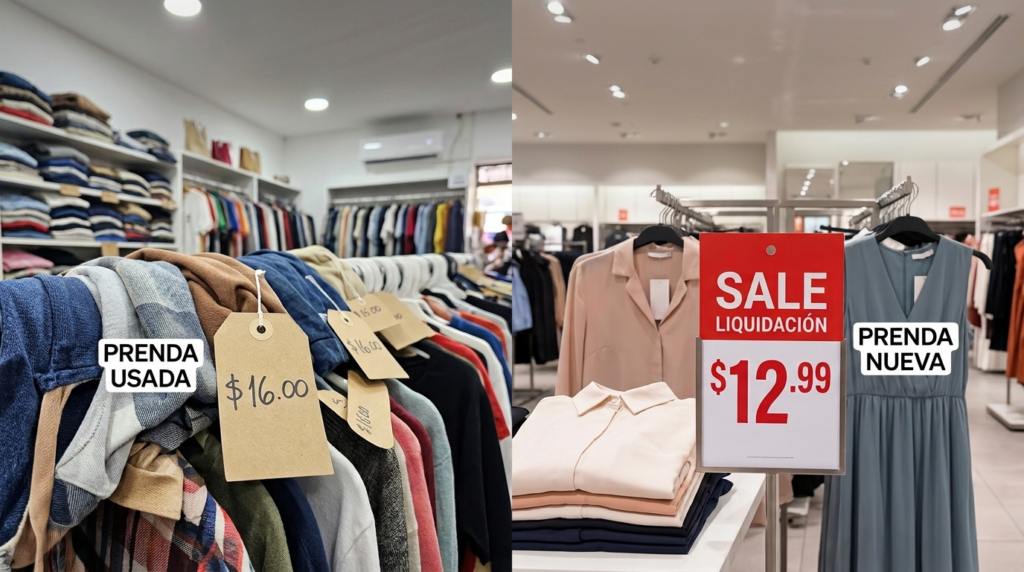 Comparación en redes sociales entre ropa de segunda mano en El Salvador ($16.00) y prenda nueva en liquidación ($12.99). Foto: Ilustración.