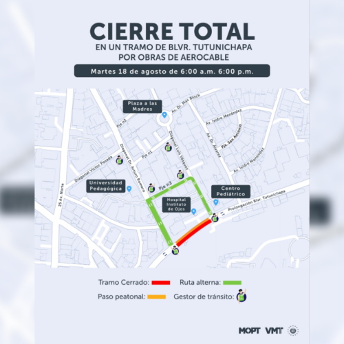 El @VMTElSalvador reporta carriles reversibles, siniestros viales y un cierre total en el bulevar Tutunichapa este 18 de agosto. Planifica tu ruta con anticipación. Foto: @VMTElSalvador.