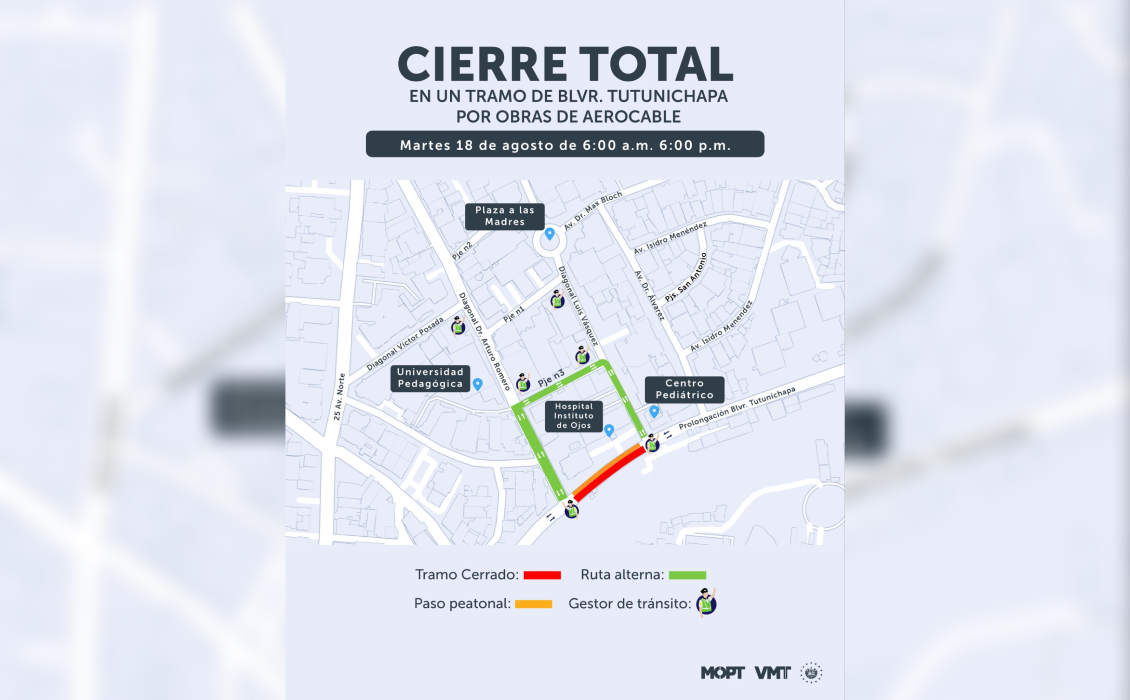 El @VMTElSalvador reporta carriles reversibles, siniestros viales y un cierre total en el bulevar Tutunichapa este 18 de agosto. Planifica tu ruta con anticipación. Foto: @VMTElSalvador.