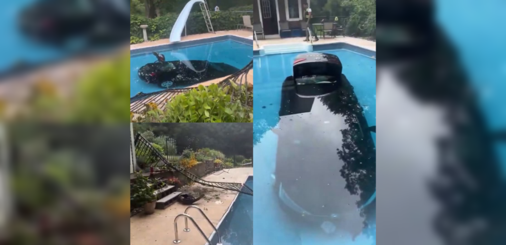 Un repartidor en Massachusetts terminó con su vehículo dentro de una piscina tras una falla en los frenos. Afortunadamente, no hubo heridos graves. Foto: Captura de pantalla.