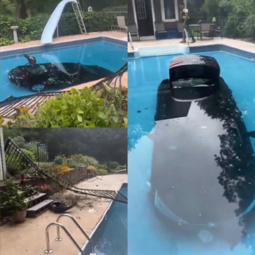 Un repartidor en Massachusetts terminó con su vehículo dentro de una piscina tras una falla en los frenos. Afortunadamente, no hubo heridos graves. Foto: Captura de pantalla.