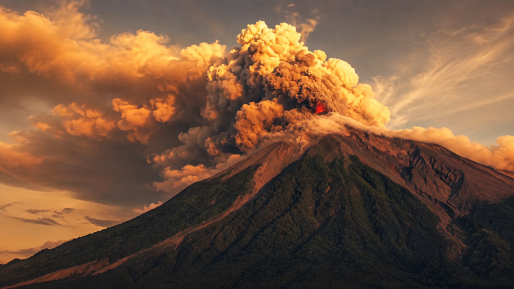 La erupción del Volcán de Fuego en Guatemala ha activado la alerta roja y evacuaciones masivas en zonas de riesgo. La CONRED y el INSIVUMEH monitorean el fenómeno en tiempo real. Foto: @ClimaenGuate - Ilustración.