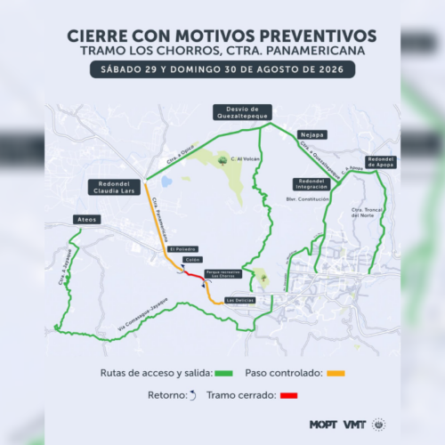 El MOP anunció el cierre preventivo de la carretera Los Chorros los días 29 y 30 de agosto por voladura de roca para obras del viaducto. Foto: @ObrasPublicasSV.