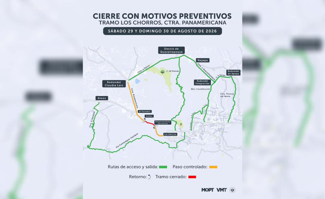 El MOP anunció el cierre preventivo de la carretera Los Chorros los días 29 y 30 de agosto por voladura de roca para obras del viaducto. Foto: @ObrasPublicasSV.