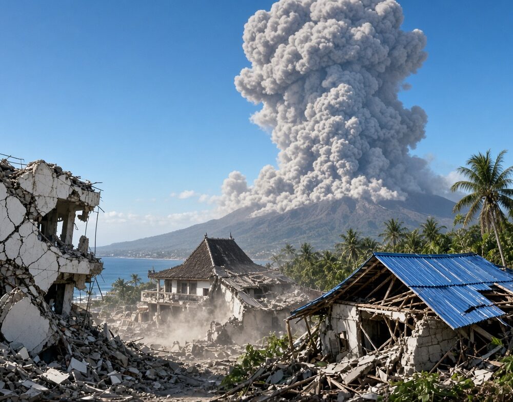 Estructuras afectadas en Maumere tras el impacto del terremoto de magnitud 7.7 en Indonesia. Foto: Ilustración.