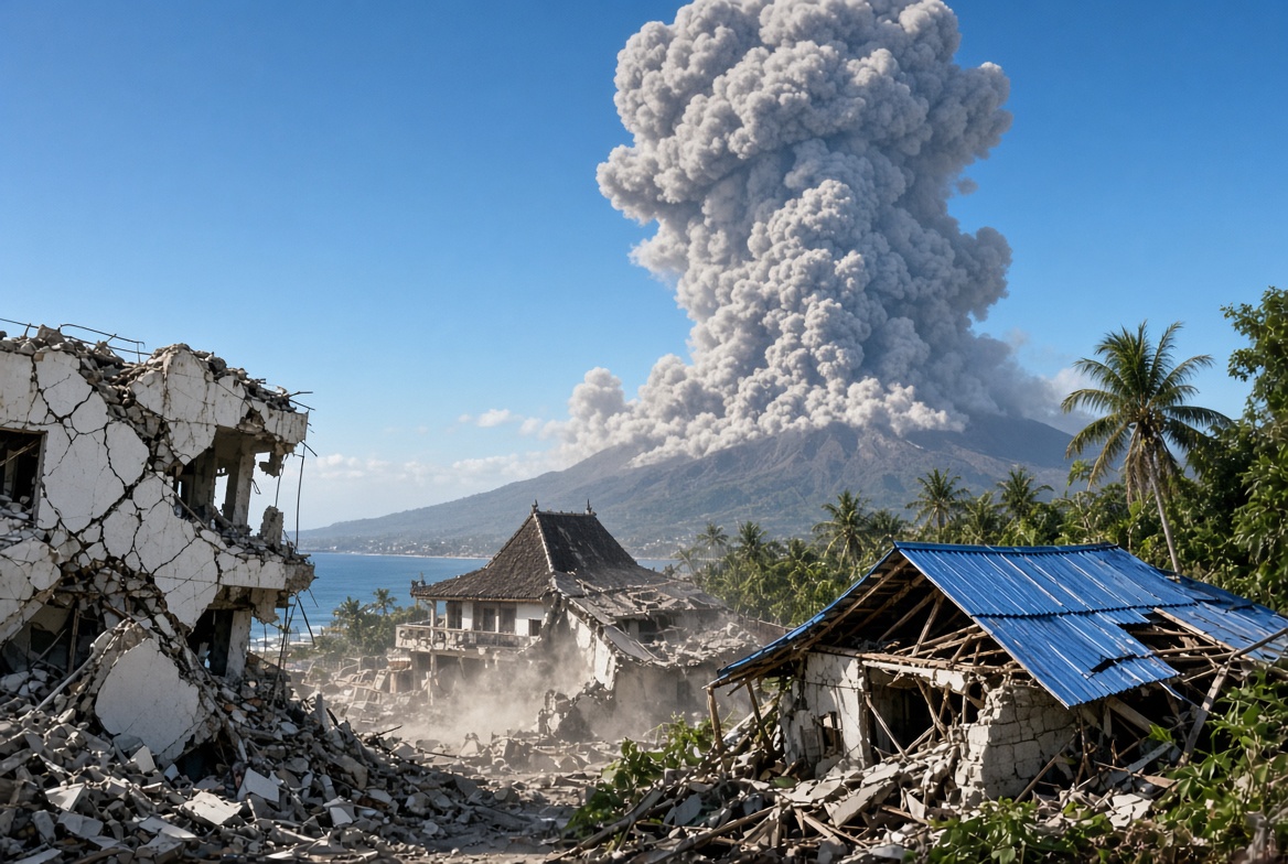 Estructuras afectadas en Maumere tras el impacto del terremoto de magnitud 7.7 en Indonesia. Foto: Ilustración.