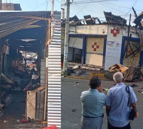 Vista de los daños en el mercado de Armenia tras el incendio. destrucción estructural y la acumulación de escombros en los puestos comerciales y locales afectados. Foto: Cortesía.