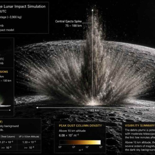 🔭 Recreación científica del impacto de un Falcon 9 contra la Luna, basada en simulaciones de investigadores. No es una grabación real. ⚠️ El video que circula en redes como supuesto impacto real es falso.