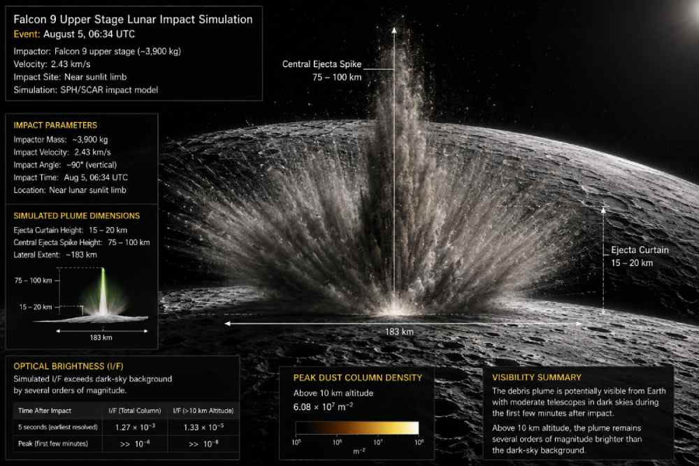 🔭 Recreación científica del impacto de un Falcon 9 contra la Luna, basada en simulaciones de investigadores. No es una grabación real. ⚠️ El video que circula en redes como supuesto impacto real es falso.
